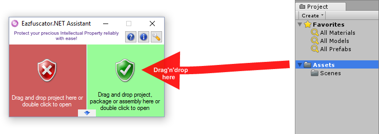 Unity project drag and drop into the green zone of Eazfuscator.NET Assitant