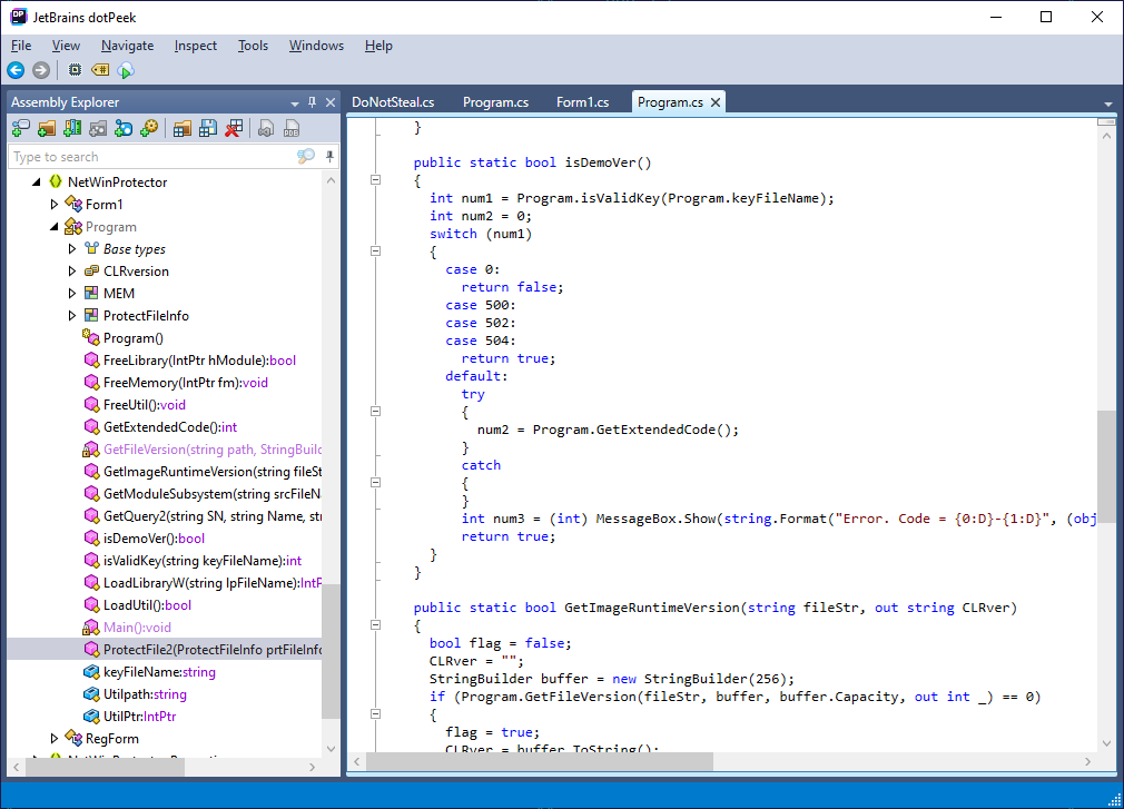 NetWinProtector assembly viewed in JetBrains dotPeek decompiler